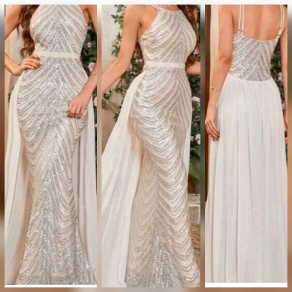 Silver,  O Neck, Sleeveless,  Detachable Skirt, Sequined Mermaid Gown - Picture 5 of 16